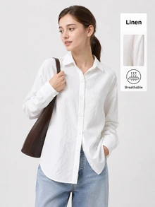SHEIN BASICS 女款白色單排扣休閒端莊極簡百搭通勤辦公早午餐亞麻襯衫，適合外出穿搭，教師節秋季 - 白色 - 查看 7