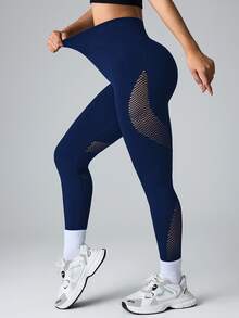 Solea Cove Solea Cove Seamless High Elastic Sports Yoga Fitness Leggings Mesh Tight Pants - Navy Blue - View 5