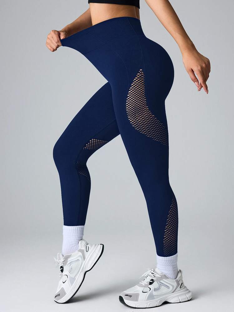 Solea Cove Solea Cove Seamless High Elastic Sports Yoga Fitness Leggings Mesh Tight Pants - Navy Blue - View 4