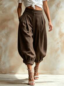 SHEIN Vintage Solid Color Bohemian Style Wide Leg Pants Women Casual Pants Suitable For Vacation, Daily Commute And Party Wear - Brown - View 4