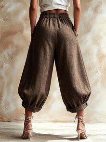 SHEIN Vintage Solid Color Bohemian Style Wide Leg Pants Women Casual Pants Suitable For Vacation, Daily Commute And Party Wear - Brown - View 2