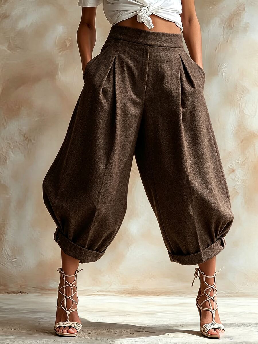 SHEIN Vintage Solid Color Bohemian Style Wide Leg Pants Women Casual Pants Suitable For Vacation, Daily Commute And Party Wear - Brown - View 1