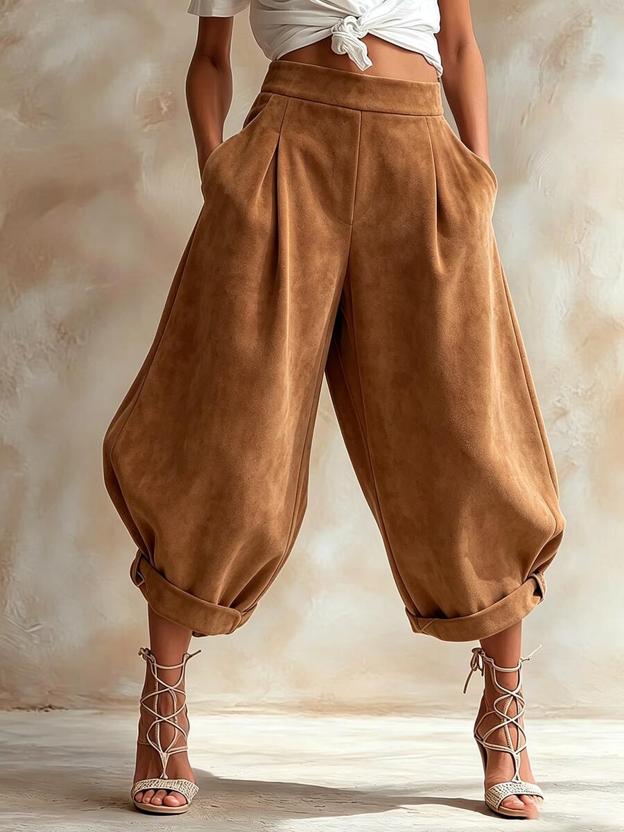 SHEIN Vintage Solid Color Bohemian Style Wide Leg Pants Women's Casual Pants Suitable For Vacation, Daily Commute And Party Wear - Brown - View 1