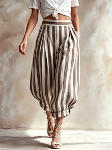 SHEIN 復古純色波希米亞風寬腿女款休閒長褲，適合度假、日常通勤與派對穿著 - 棕色 - 查看 5