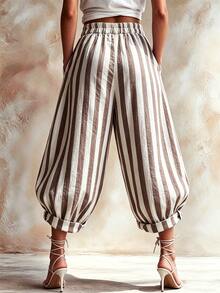 SHEIN 復古純色波希米亞風寬腿女款休閒長褲，適合度假、日常通勤與派對穿著 - 棕色 - 查看 2