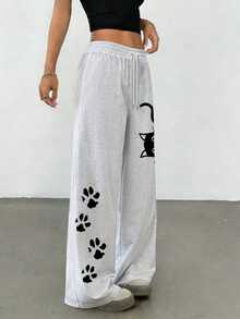 SHEIN Women's Light Grey Cat Pattern Straight Loose Fit Sweatpants,Paw Print Design Drawstring Waist Joggers,Autumn Casual Cute Lounge Long Knit Pants Work - Light Grey - View 3