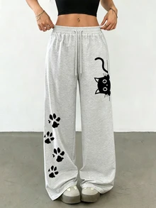 SHEIN Women's Light Grey Cat Pattern Straight Loose Fit Sweatpants,Paw Print Design Drawstring Waist Joggers,Autumn Casual Cute Lounge Long Knit Pants Work - Light Grey - View 4