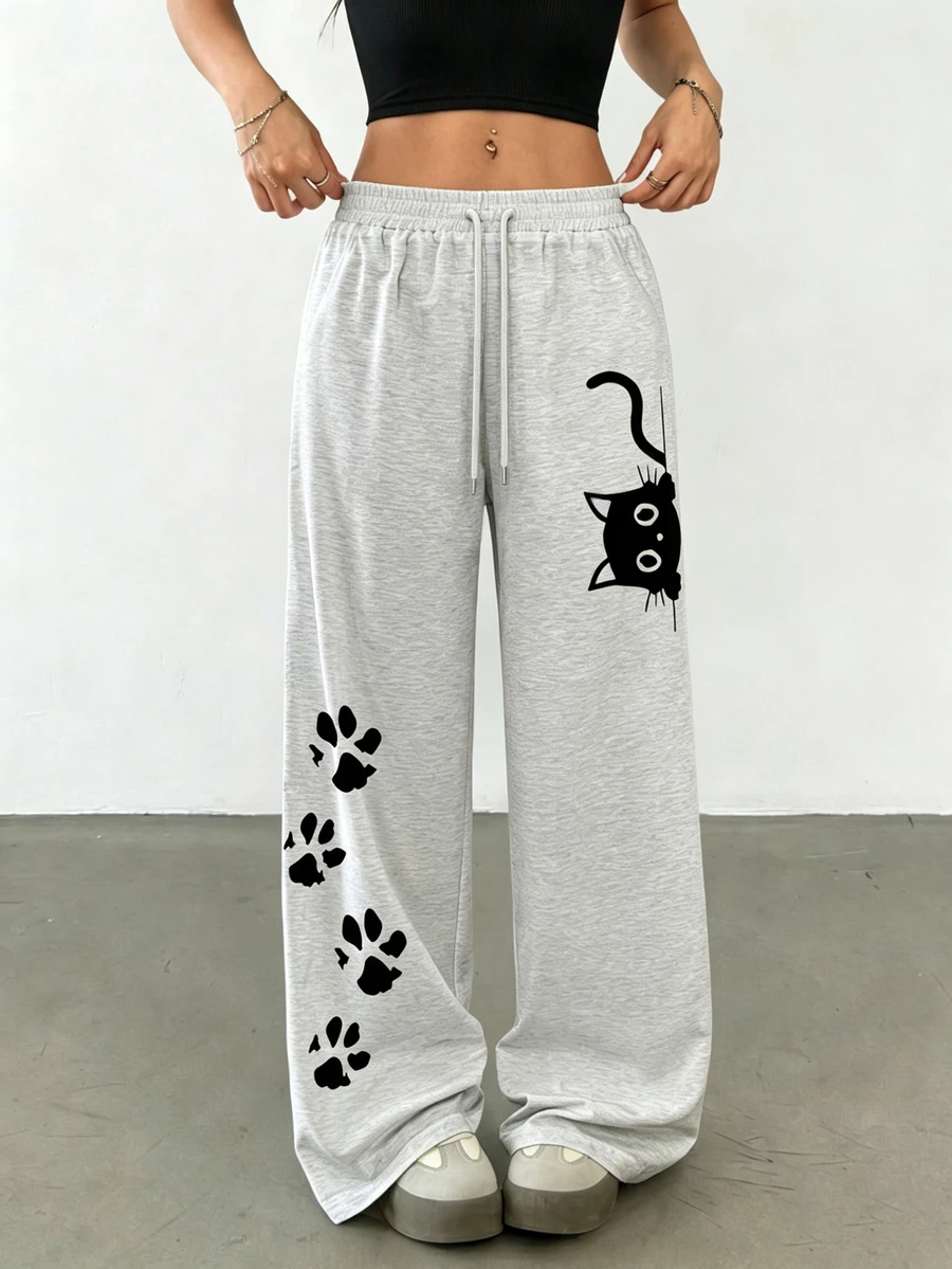 SHEIN Women's Light Grey Cat Pattern Straight Loose Fit Sweatpants,Paw Print Design Drawstring Waist Joggers,Autumn Casual Cute Lounge Long Knit Pants Work - Light Grey - View 1