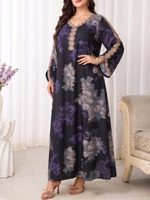 Al Najma Plus Size Women's Floral Print Embroidered Arabic Traditional Long Dress For Evening Wear - Multicolor - View 6