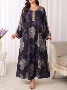 Al Najma Plus Size Women's Floral Print Embroidered Arabic Traditional Long Dress For Evening Wear - Multicolor - View 4