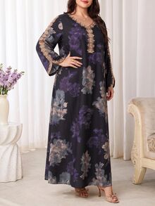 Al Najma Plus Size Women's Floral Print Embroidered Arabic Traditional Long Dress For Evening Wear - Multicolor - View 8