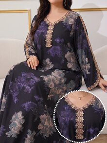 Al Najma Plus Size Women's Floral Print Embroidered Arabic Traditional Long Dress For Evening Wear - Multicolor - View 1