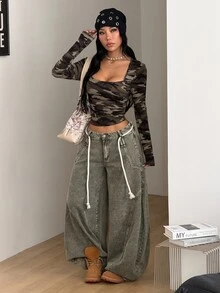 Coolane 女款秋冬街頭風休閒Y2K外穿復古圖案迷彩彈性胸衣方領長袖T恤 - 軍綠色 - 查看 5