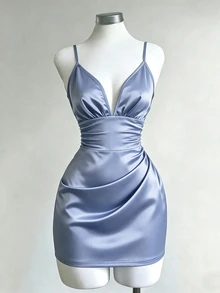 SHEIN Rosurelle 女士优雅纯色缎面奢华吊带褶皱低腰连衣裙 - 藍色 - 查看 6