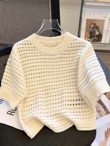 SHEIN Rosurelle 新款镂空条纹短袖圆领露脐针织女式上衣（随机镂空设计） - 杏色 - 查看 3