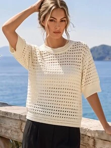 SHEIN Rosurelle 新款镂空条纹短袖圆领露脐针织女式上衣（随机镂空设计） - 杏色 - 查看 1