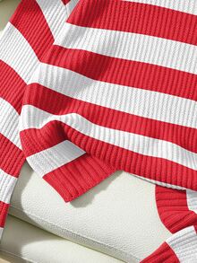 Franclia Women's Contrast Color Crew Neck Long Sleeve Pullover Sweater - Red and White - View 4