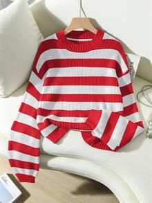 Franclia Women's Contrast Color Crew Neck Long Sleeve Pullover Sweater - Red and White - View 3