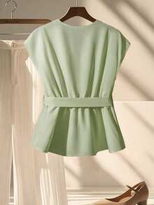 SHEIN Rosurelle Women's Elegant Ruched V-Neck Tie Short Sleeve Blouse, Apricot Color, Spring - Mint Green - View 3