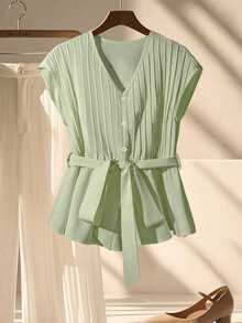 SHEIN Rosurelle Women's Elegant Ruched V-Neck Tie Short Sleeve Blouse, Apricot Color, Spring - Mint Green - View 5