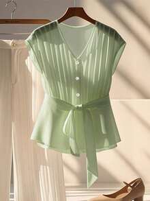 SHEIN Rosurelle Women's Elegant Ruched V-Neck Tie Short Sleeve Blouse, Apricot Color, Spring - Mint Green - View 4