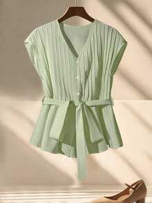 SHEIN Rosurelle Women's Elegant Ruched V-Neck Tie Short Sleeve Blouse, Apricot Color, Spring - Mint Green - View 6