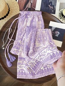 SHEIN Rosurelle Pastel Purple Boho Floral Print Wide Leg Pants Women, Summer Vacation Holiday French Style Trousers, Beach Party - Mauve Purple - View 4