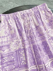 SHEIN Rosurelle Pastel Purple Boho Floral Print Wide Leg Pants Women, Summer Vacation Holiday French Style Trousers, Beach Party - Mauve Purple - View 7