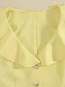 SHEIN Rosurelle 女士夏季法式优雅休闲设计荷叶边V领无袖修身百搭短款黄色上衣 - 黃色 - 查看 4