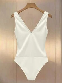 SHEIN Rosurelle Fashionable New Minimalist Solid Color Glossy V-Neck Pleated Decor Button Sleeveless Fitted Chic Slimming Elegant Bodysuit For Women - White - View 2