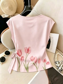 SHEIN Rosurelle 新款女款圓點緞面T恤 - 粉色 - 查看 2