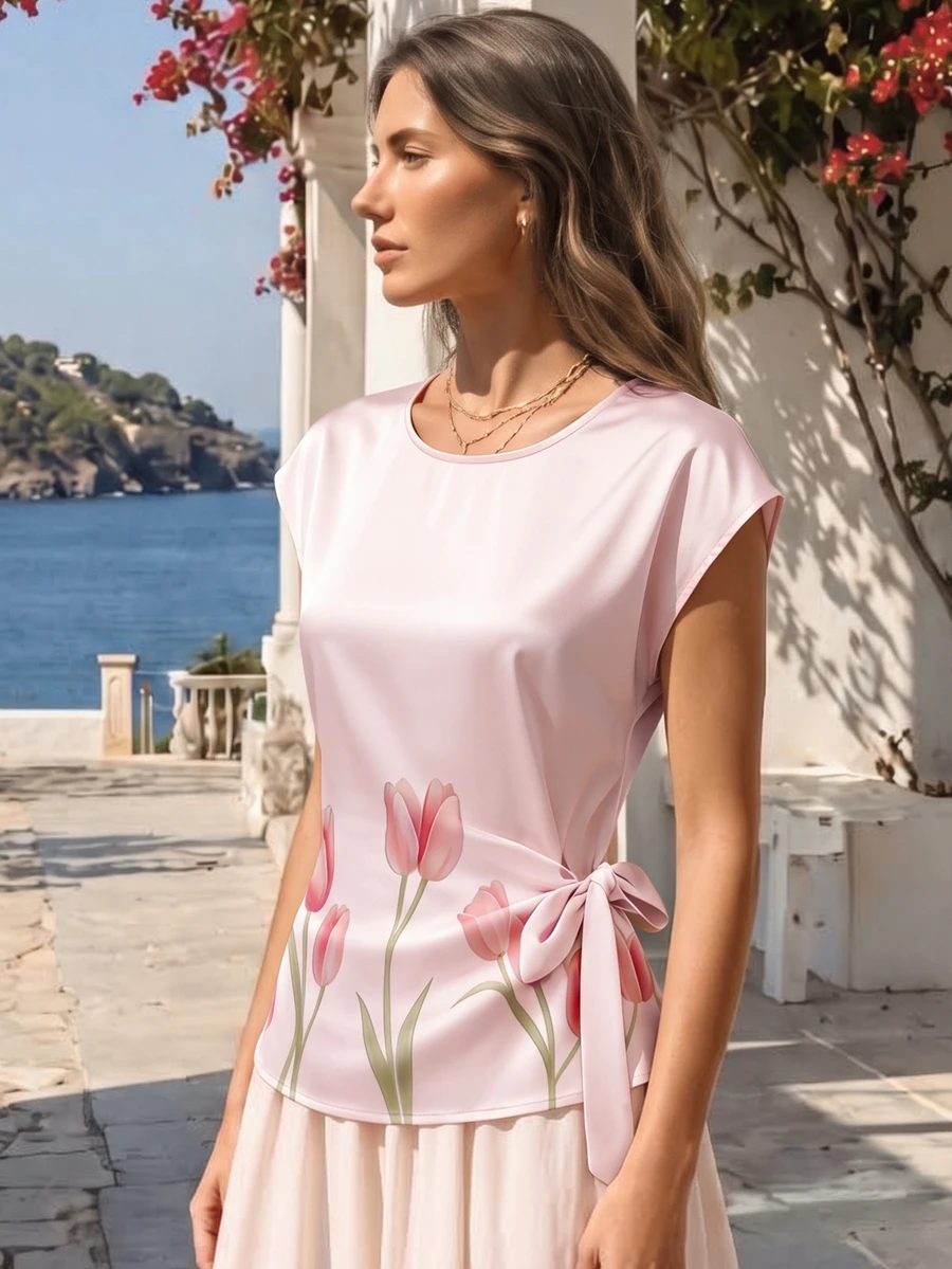 SHEIN Rosurelle 新款女款圓點緞面T恤 - 粉色 - 查看 1