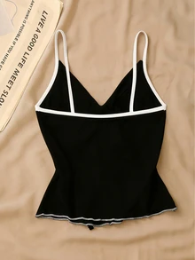 SHEIN Rosurelle 女士蝴蝶结荷叶边吊带背心，优雅修身 - 黑色 - 查看 2