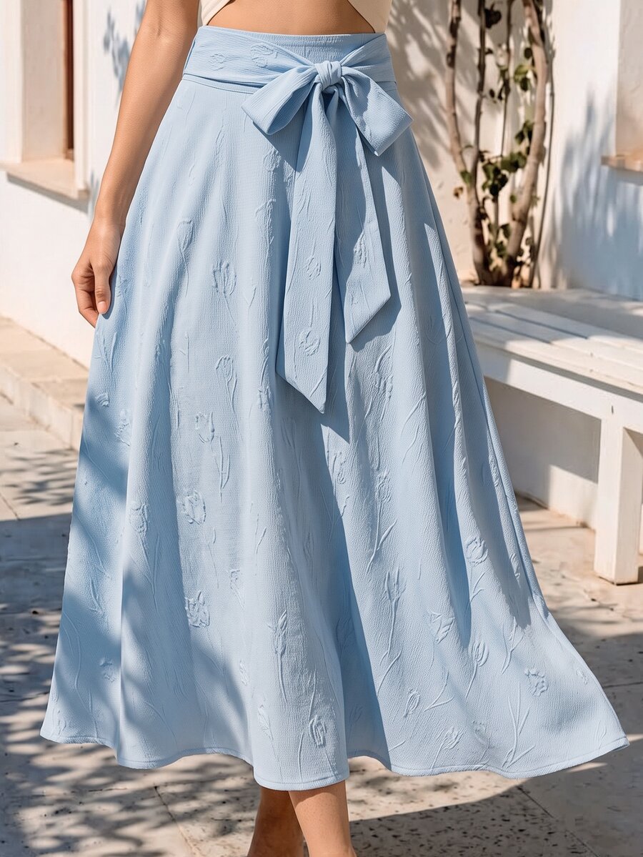 SHEIN Rosurelle 新款夏季女士休闲百搭优雅时尚系带碎花高腰A字中长裙,适合工作、日常穿着、约会等场合。 - 藍色 - 查看 1