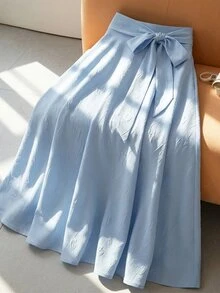 SHEIN Rosurelle 新款夏季女士休闲百搭优雅时尚系带碎花高腰A字中长裙，适合工作、日常穿着、约会等场合。 - 藍色 - 查看 3