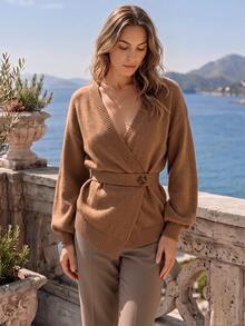 SHEIN Rosurelle 新款秋冬高品质优雅百搭柔软白色女士开衫 - 巧克力棕 - 查看 1