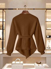SHEIN Rosurelle 新款秋冬高品质优雅百搭柔软白色女士开衫 - 巧克力棕 - 查看 2