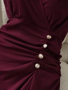 SHEIN Rosurelle 新款时尚无袖收腰女式连衣裙 - 酒紅色 - 查看 5