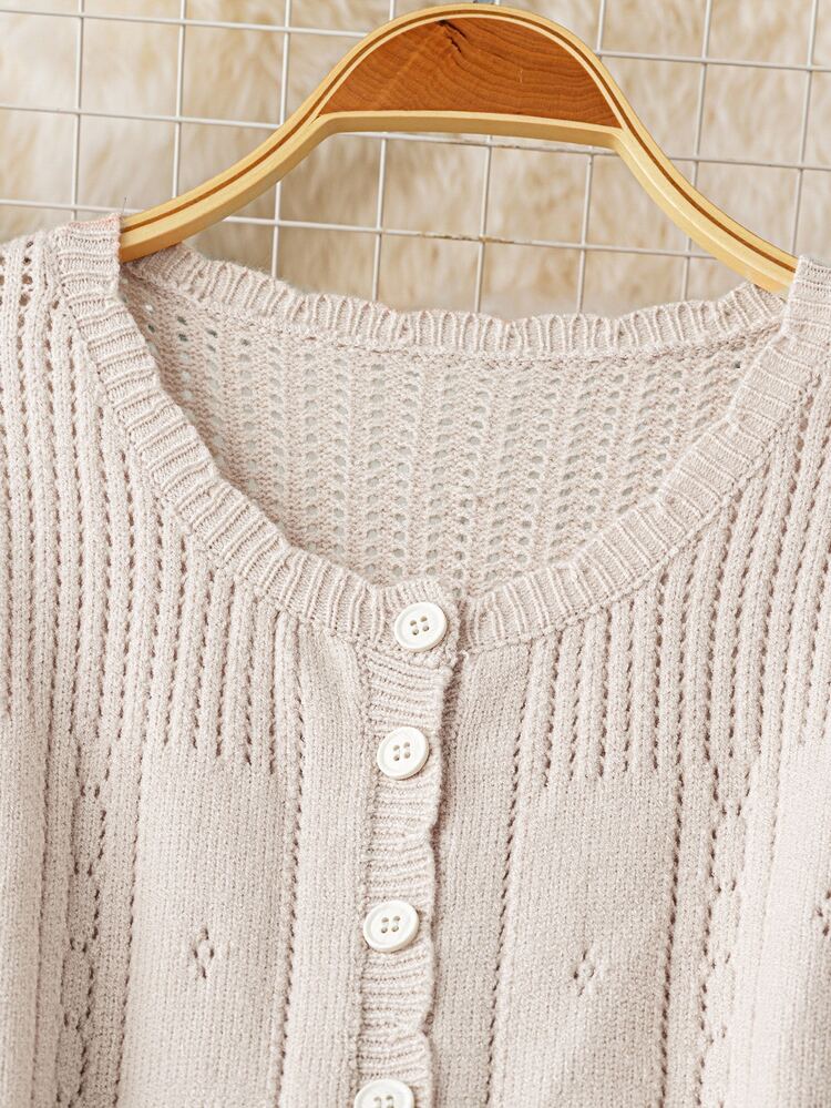 SHEIN Rosurelle Women's Elegant French Style Peach Pink Hollow Long Sleeve Sweater Dress,Autumn Round Neck Button Waist Tie Belt Solid Color Dining Outfit - Apricot - View 5