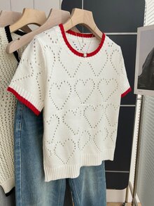 SHEIN Rosurelle 休闲宽松圆领短袖心形镂空针织撞色滚边设计米色春夏针织上衣，夏季假日情人节外出上衣，休闲白色可爱短袖针织衫 - 米色 - 查看 5