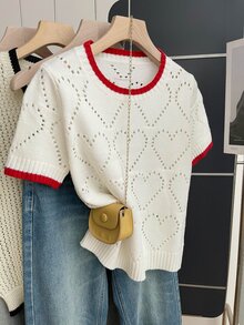 SHEIN Rosurelle 休闲宽松圆领短袖心形镂空针织撞色滚边设计米色春夏针织上衣，夏季假日情人节外出上衣，休闲白色可爱短袖针织衫 - 米色 - 查看 6