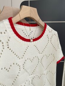 SHEIN Rosurelle 休闲宽松圆领短袖心形镂空针织撞色滚边设计米色春夏针织上衣，夏季假日情人节外出上衣，休闲白色可爱短袖针织衫 - 米色 - 查看 7
