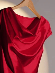 SHEIN Rosurelle 优雅纯色荷叶边领衬衫，夏季 - 紅色 - 查看 6