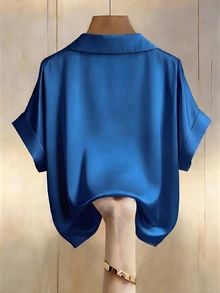 SHEIN Rosurelle 女士香槟色缎面V领珍珠纽扣设计短袖衬衫，优雅适合春夏穿着 - 寶藍色 - 查看 6