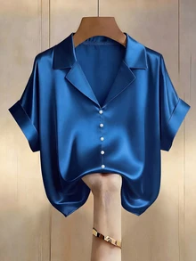 SHEIN Rosurelle 女士香槟色缎面V领珍珠纽扣设计短袖衬衫，优雅适合春夏穿着 - 寶藍色 - 查看 3