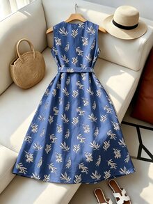SHEIN Franclia Women's Summer Vacation Leaf Print Front Button Sleeveless Dress - Blue - View 3