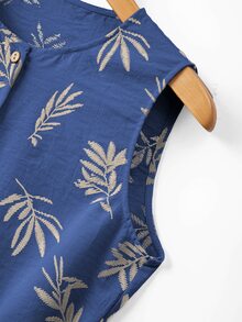 SHEIN Franclia Women's Summer Vacation Leaf Print Front Button Sleeveless Dress - Blue - View 9