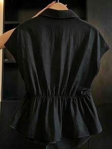 SHEIN Rosurelle 女士时尚优雅不对称下摆蝴蝶结衬衫 - 黑色 - 查看 2
