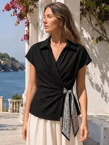 SHEIN Rosurelle 女士时尚优雅不对称下摆蝴蝶结衬衫 - 黑色 - 查看 1