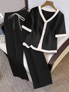 SHEIN Rosurelle 女士日常两件套服装 - 黑色 - 查看 3